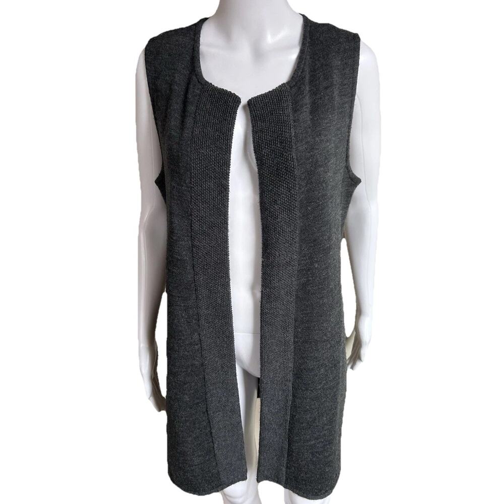 Tahari Merino Wool Blend Duster Vest Women L Gray Open Front Longline